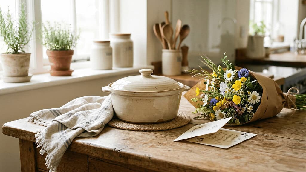 A covered ceramic casserole dish with a folded kitchen towel beside it a small bouquet of wildflowers wrapped in brown paper and a handwritten card on a wooden kitchen counter