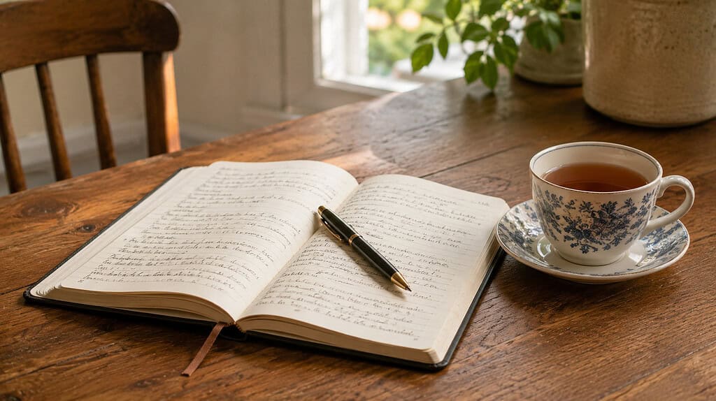 An open journal with handwritten notes on a wooden kitchen table next to a teacup on a saucer and a pen placed across the open page