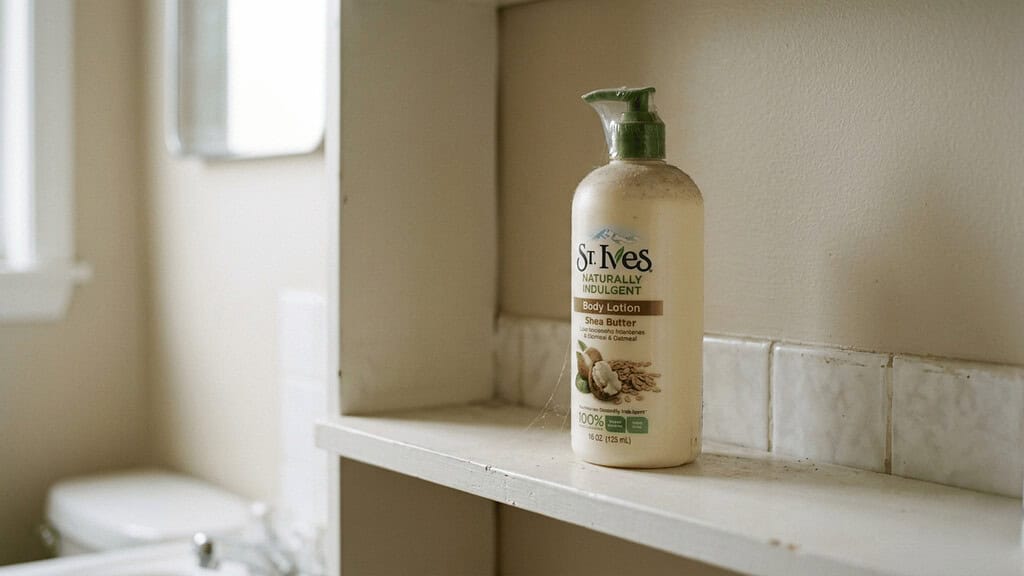 An unopened bottle of body lotion still sealed sitting alone on a plain bathroom shelf in a modest American home clearly never used