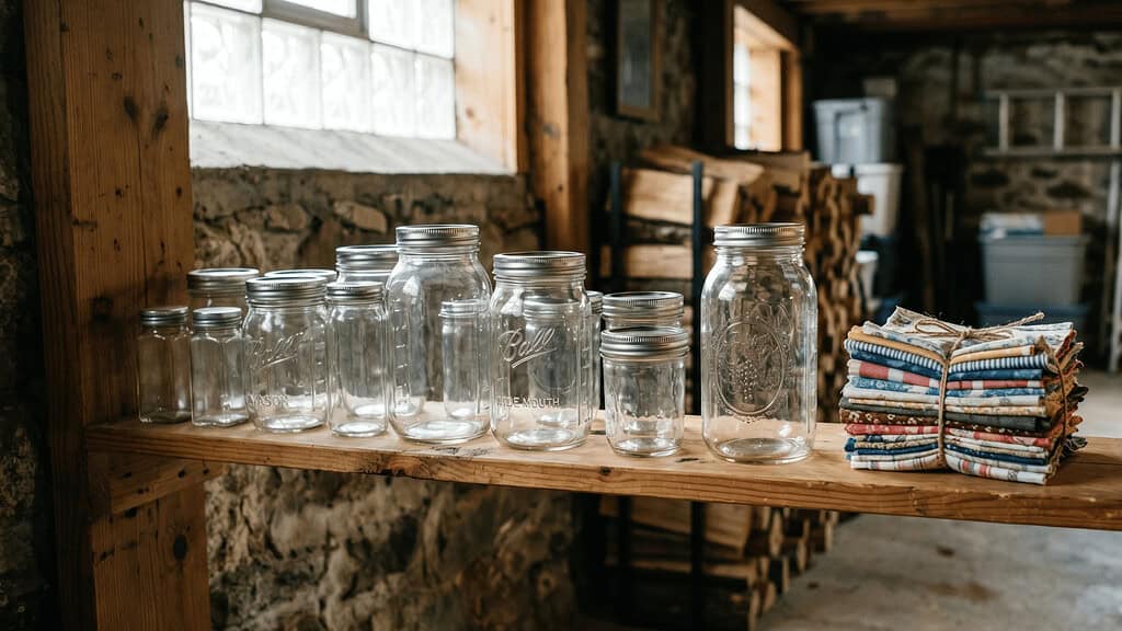 Basement shelf holding a row of empty glass jars beside a small folded stack of fabric scraps