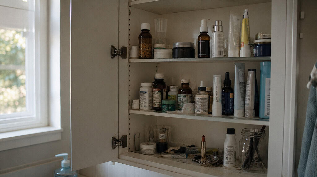 An open bathroom medicine cabinet with shelves crowded with old medication bottles, lotions, and half-used toiletry products