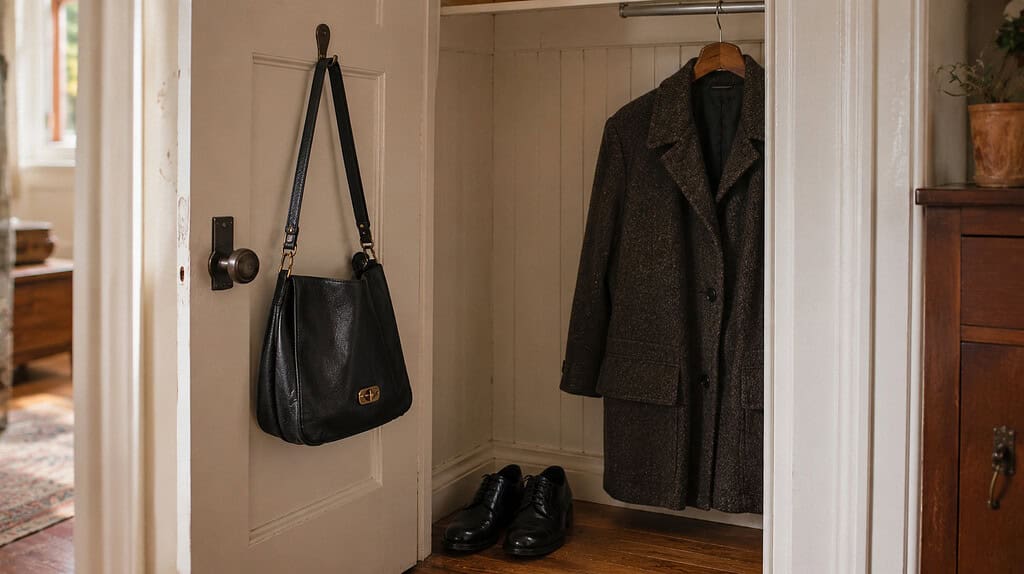 Black leather handbag hanging on the inside of a coat closet door beside one winter coat on a wooden hanger and one pair of polished dress shoes on the floor