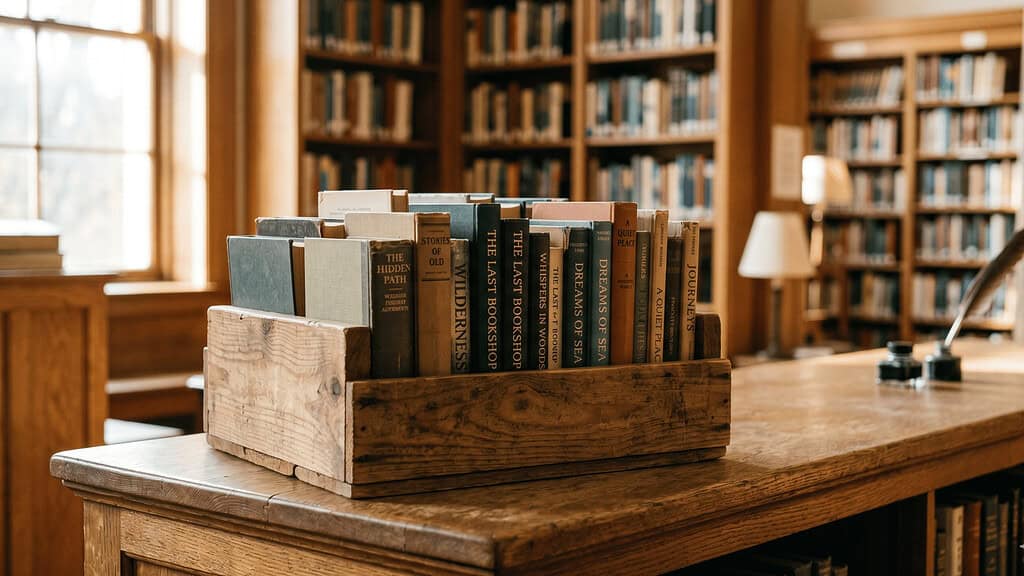 A cardboard box filled with books sitting on a wooden table