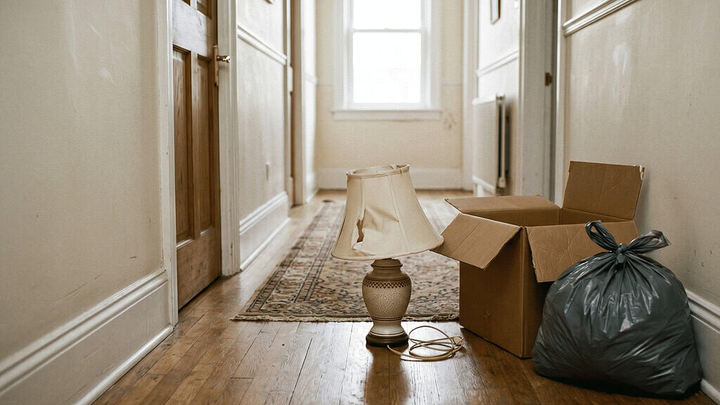 Broken table lamp on a hallway floor beside an empty cardboard box and a closed donation bag