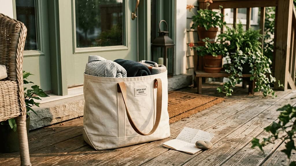 A canvas tote bag filled with folded clothing and household items sitting on a wooden front porch beside a folded note