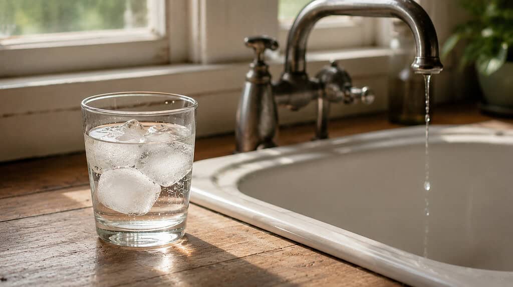 Plain clear drinking glass with water and three ice cubes on a wooden kitchen counter beside a sink with a vintage faucet
