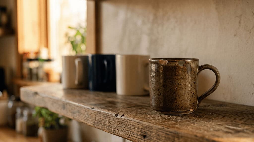 A chipped pottery coffee mug sitting on a wooden shelf