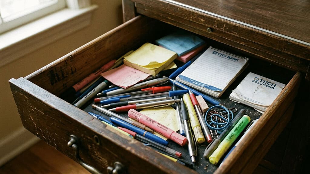 A cluttered wooden office drawer stuffed with old pens, dried-out highlighters, faded sticky notes, and loose paper clips