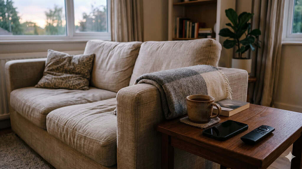 Couch with a folded throw blanket a remote control and a smartphone face-down beside a cooled cup of tea