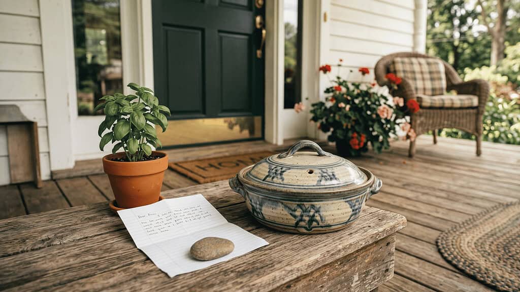 Covered ceramic casserole dish on a front porch beside a folded handwritten note and a small potted plant