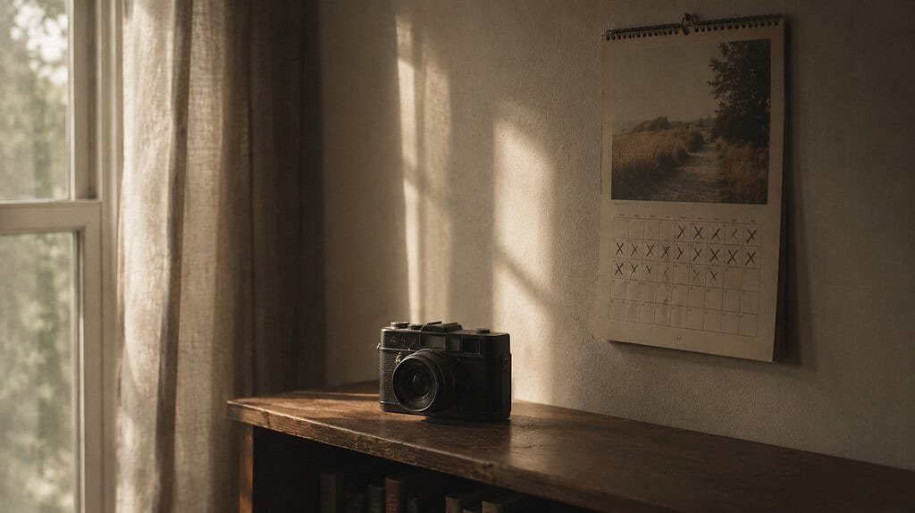 A dusty film camera sitting on a wooden shelf beside a wall calendar with many months crossed off