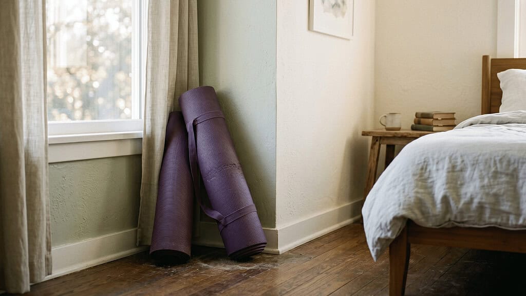 A dusty rolled-up yoga mat leaning in a bedroom corner