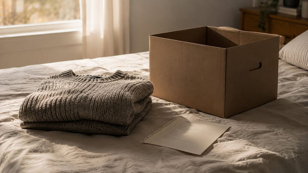 A folded sweater on a bed beside an empty donation box