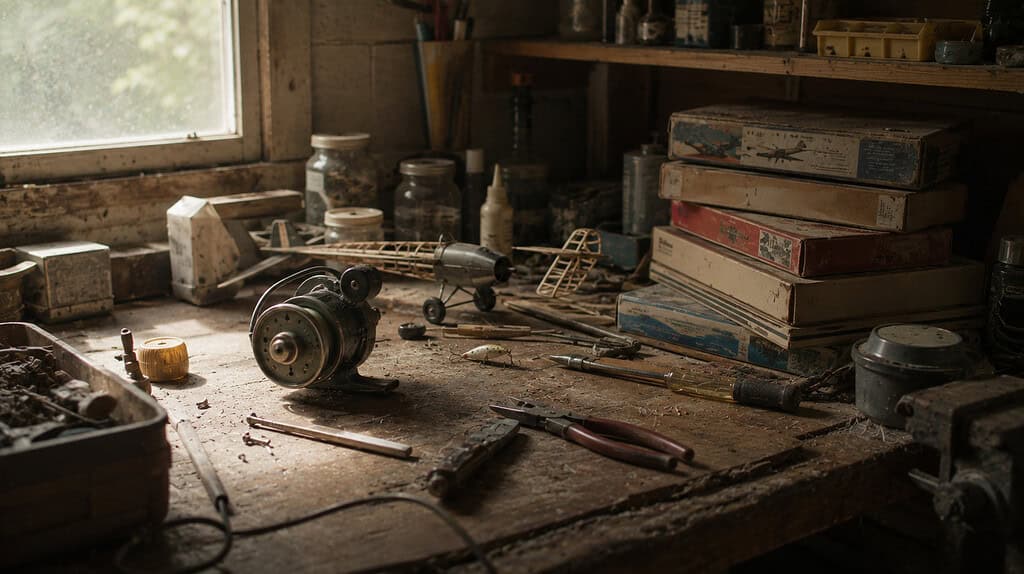 Garage workbench covered with tools an old fishing reel a half-built model and a stack of project boxes