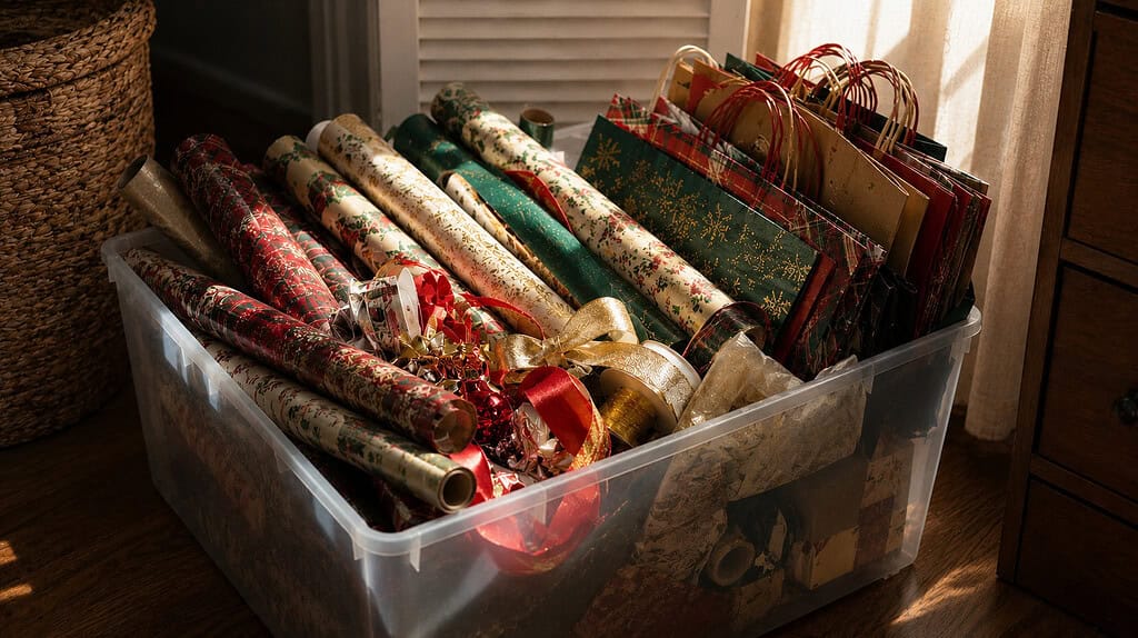 A large clear plastic storage bin overflowing with rolled holiday gift wrap in Christmas patterns including red plaid, green, gold, and floral prints, along with several festive gift bags with handles and red and gold ribbons and bows