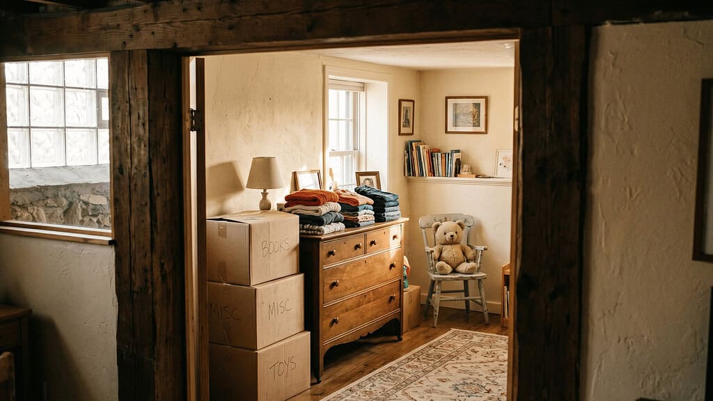 Open bedroom doorway showing stacked boxes piles of folded clothes on a dresser and a small chair with a stuffed animal