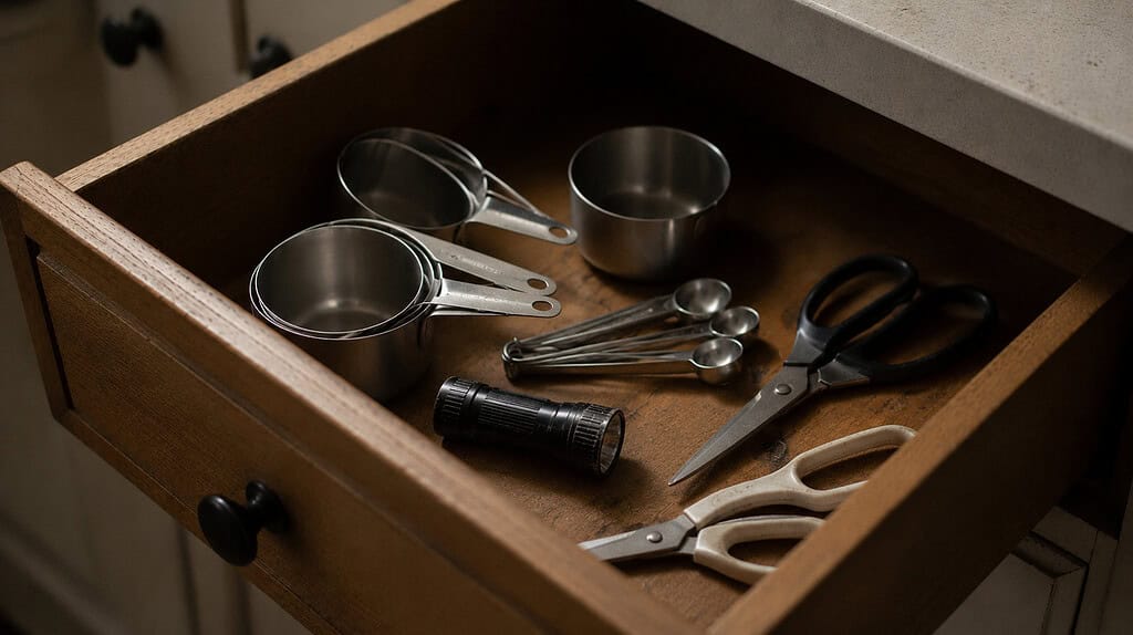 An open kitchen drawer filled with extra measuring cups and an old flashlight