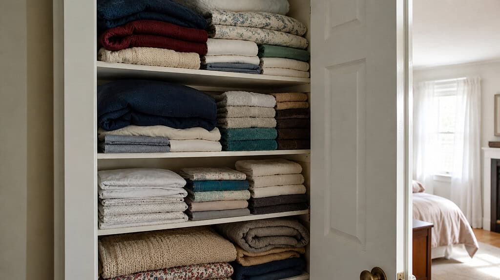 An open linen closet with shelves packed full of neatly folded sheets, towels, and blankets in various colors