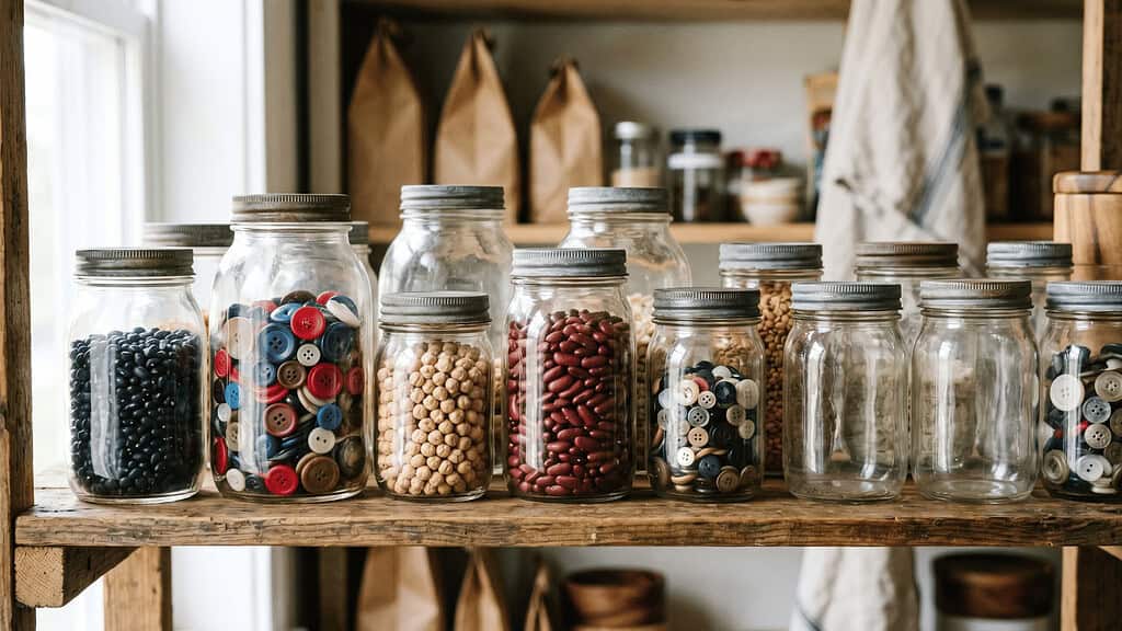 Pantry shelf lined with washed-out glass jars of different sizes some holding buttons some holding dried beans some empty