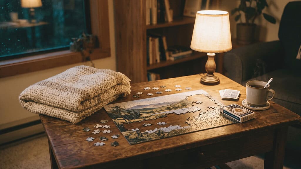 A puzzle box, folded towel, and a lamp arranged on a wooden table