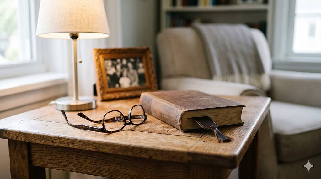 Reading glasses folded on a wooden side table next to a hardcover book with a leather bookmark a lamp and a small framed photograph in the background