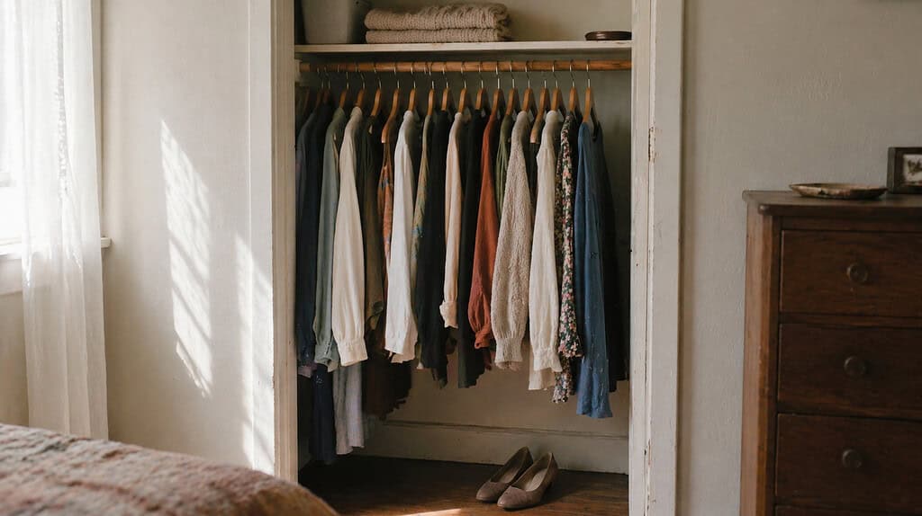 Small modest bedroom closet with a row of twelve hanging outfits a folded sweater on a top shelf and one pair of low-heeled shoes on the floor