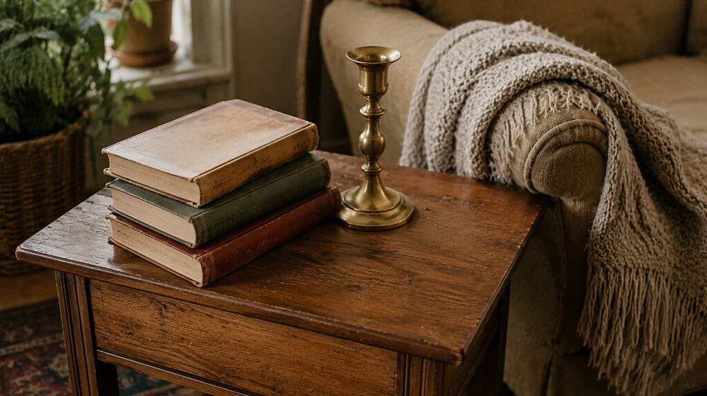 Small wooden coffee table in a living room corner holding a stack of three vintage books a brass candlestick and a folded knit blanket draped over an armchair