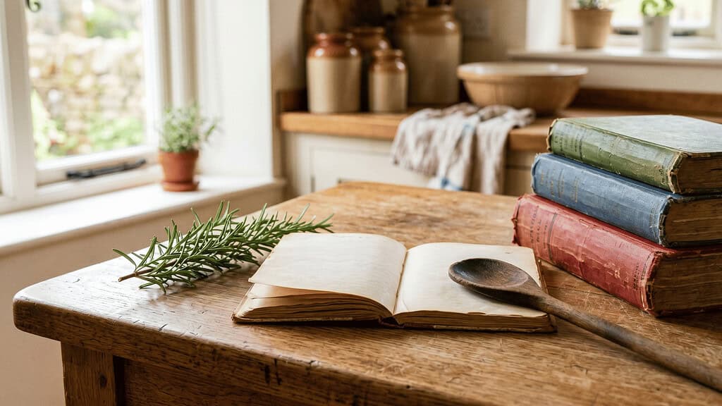 Small wooden kitchen counter holding an open handwritten recipe book a wooden spoon a sprig of fresh rosemary and a stack of three well-worn cookbooks