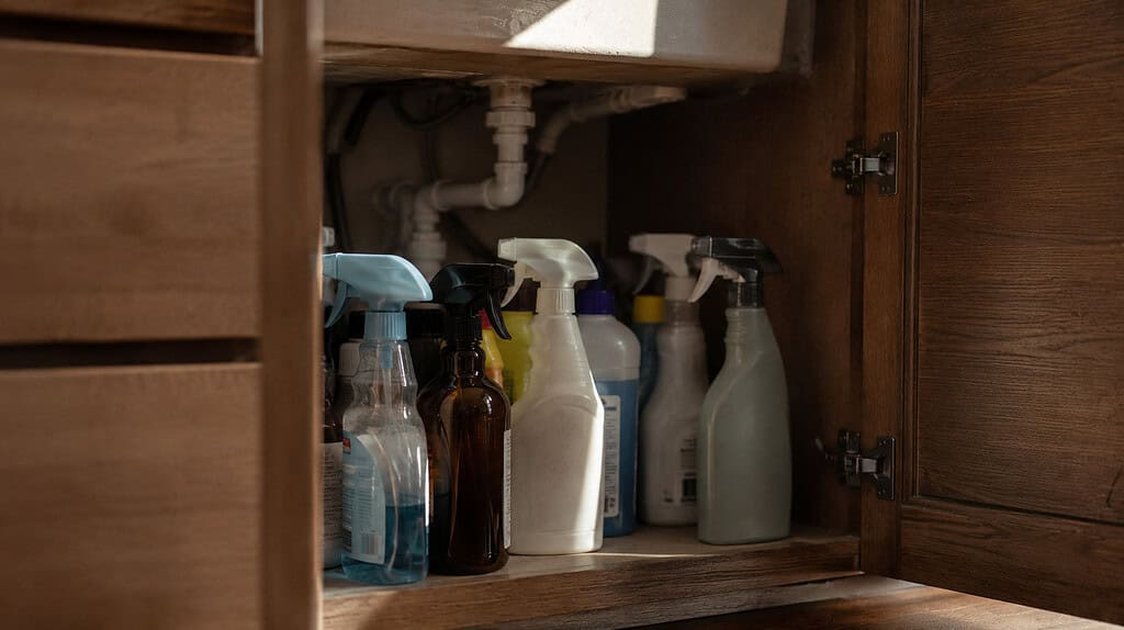 An open cabinet under a kitchen sink packed with numerous cleaning product bottles including spray bottles, jugs, and containers in various sizes, with plumbing pipes visible at the top