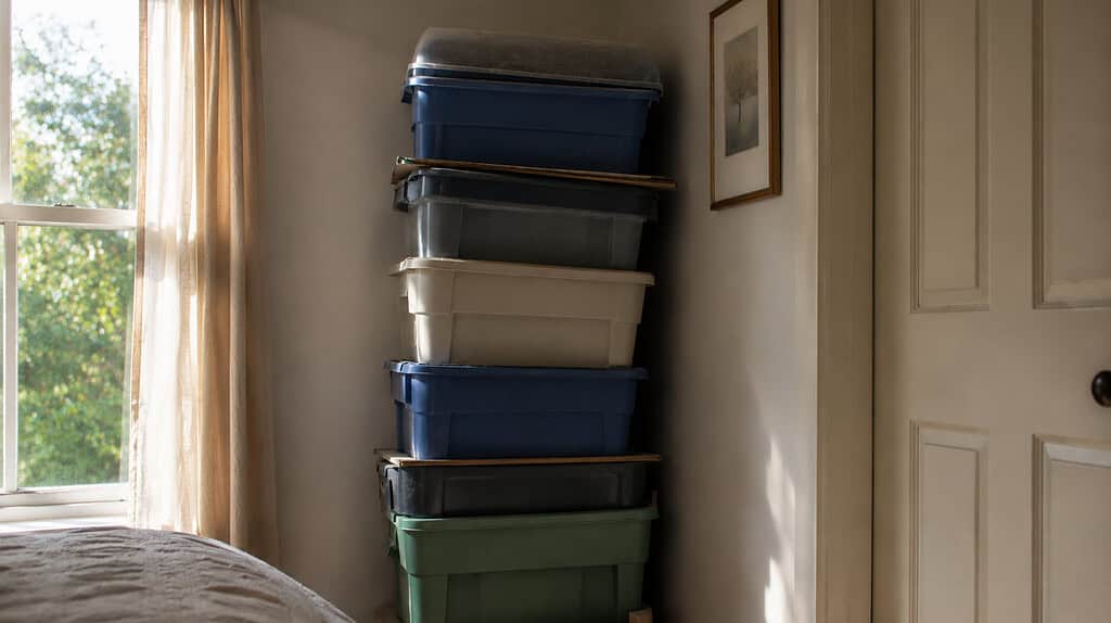 A tall stack of plastic storage bins in blue, white, and green stacked in a bedroom corner, reaching nearly to the ceiling