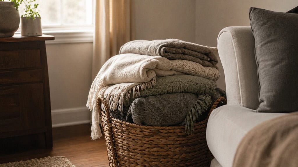 A large wicker basket overflowing with multiple folded throw blankets in neutral colors including cream, beige, and gray with fringe, sitting next to a light gray sofa arm with a dark gray throw pillow, beside a dark wood side table with a small potted plant