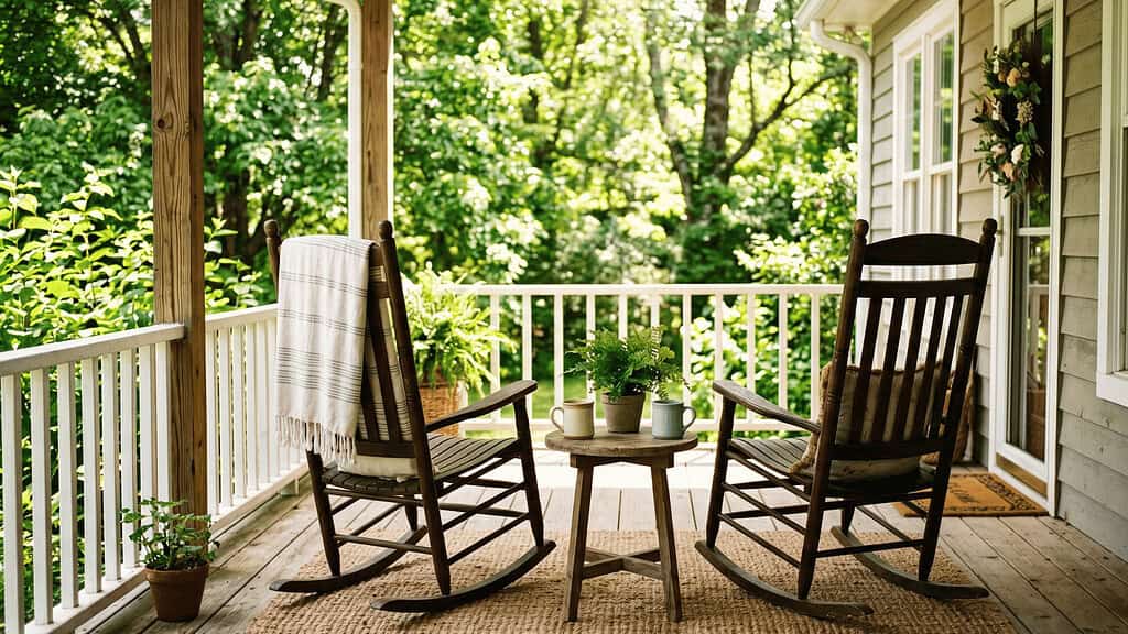 Two empty wooden rocking chairs facing each other on a wide front porch with a round table holding two coffee mugs against green leaves