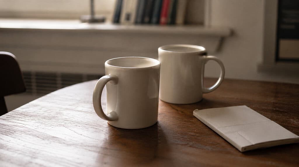 Two plain white mugs sitting on top of a wooden table