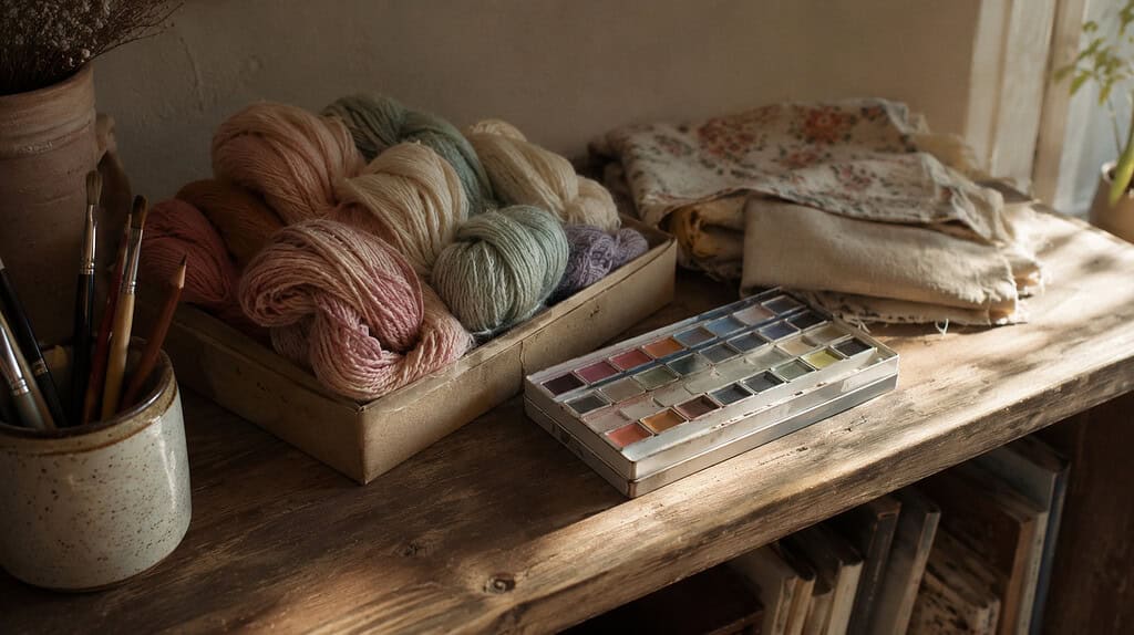 Skeins of yarn in pastel colors, a watercolor paint set, paintbrushes in a jar, and folded fabric arranged on a wooden table