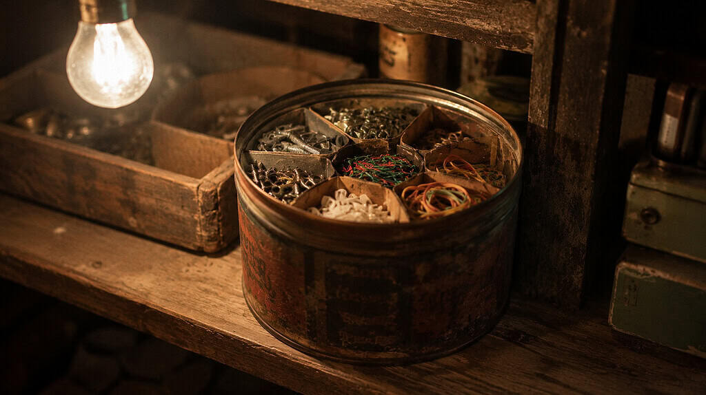 A vintage metal coffee can sitting on a worn wooden basement shelf, filled with an assortment of screws, washers, rubber bands, and twist ties