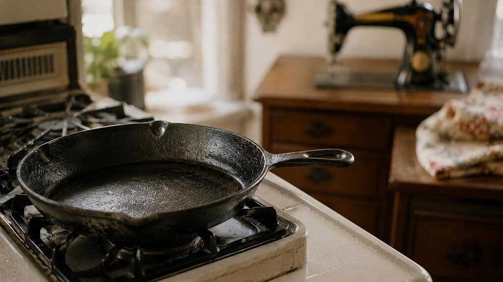 Well-seasoned cast-iron skillet on a stovetop beside a set of stainless steel measuring cups and a sewing machine on a counter
