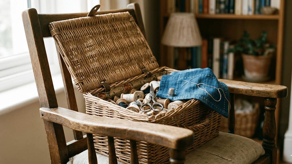 Wicker sewing basket resting on the back of a wooden chair with thread spools a thimble small scissors and a folded piece of fabric inside