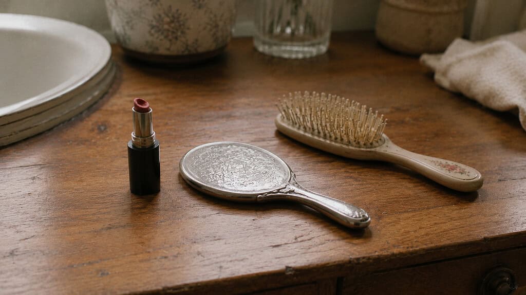 Wooden bathroom counter holding an open tube of lipstick worn down to the metal a small handheld mirror face-down and a delicate hairbrush