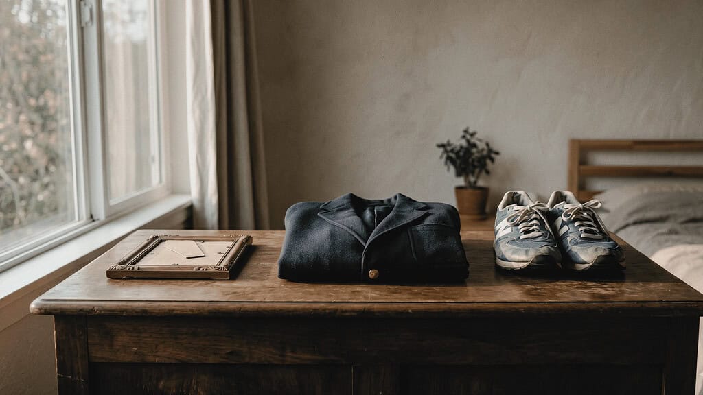 Wooden bedroom dresser holding a folded work blazer vintage running shoes and a small framed photograph turned face-down