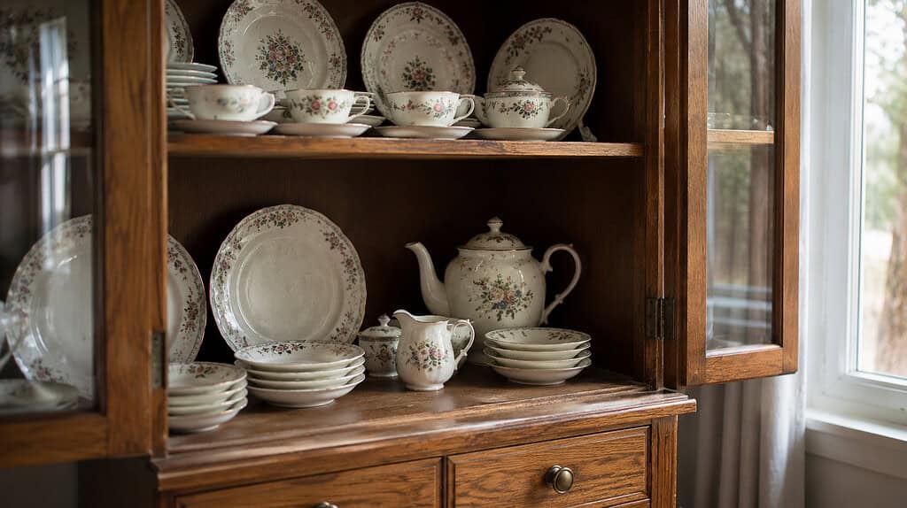 A wooden china cabinet filled with patterned heirloom plates