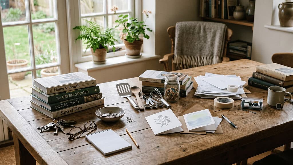Wooden dining table covered with small piles of mixed household items books and greeting cards