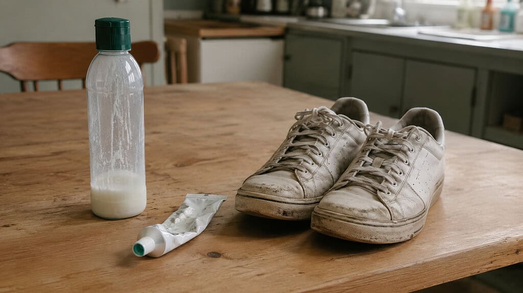Wooden kitchen table holding a half-used bottle of shampoo an almost-empty tube of toothpaste and a worn pair of sneakers