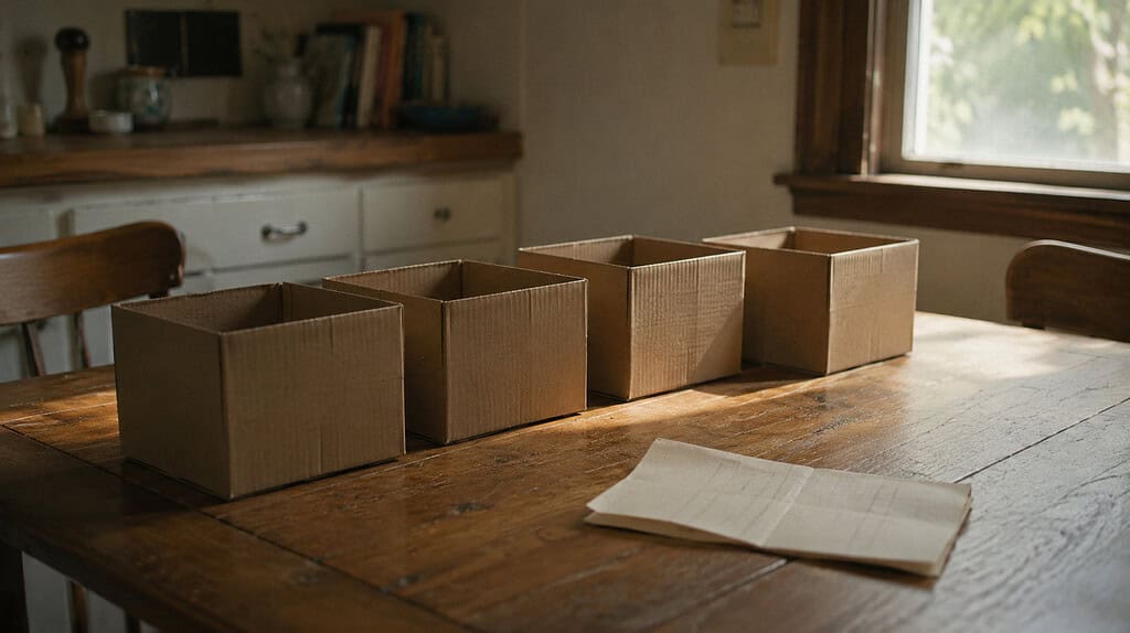 Wooden kitchen table holding four small empty cardboard boxes lined up beside a folded paper checklist