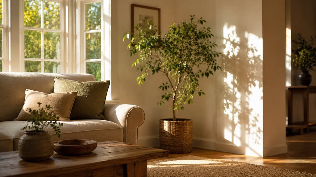 An airy, simplified living room with clear surfaces and plenty of natural light