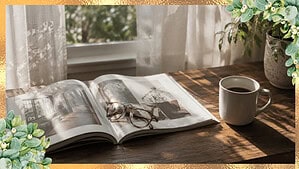 A magazine open on a wooden kitchen table next to a ceramic coffee mug and a pair of reading glasses with soft afternoon light from a window
