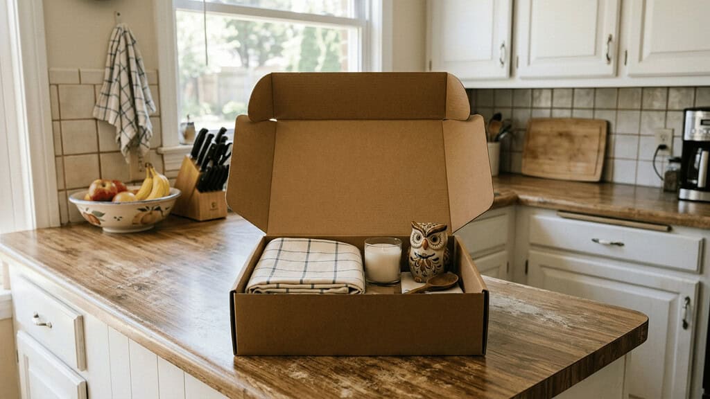 A plain open cardboard box neatly packed with a folded tablecloth, a candle, and a small decorative item sitting on a kitchen counter in a modest American home ready to be donated