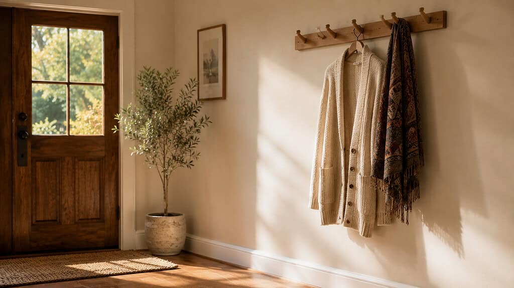 A soft cream-colored cardigan hanging on a wooden wall hook by an entryway door with a folded scarf beside it and warm afternoon light on the wood floor