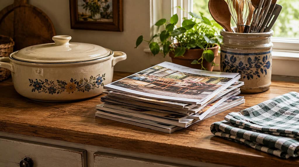 A wooden kitchen counter holding a ceramic casserole dish a small pile of unopened catalogs a glass jar with kitchen utensils and a folded dish towel