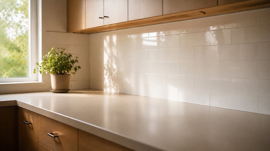 A clean, empty kitchen counter wiped bare with a single small plant in soft daylight