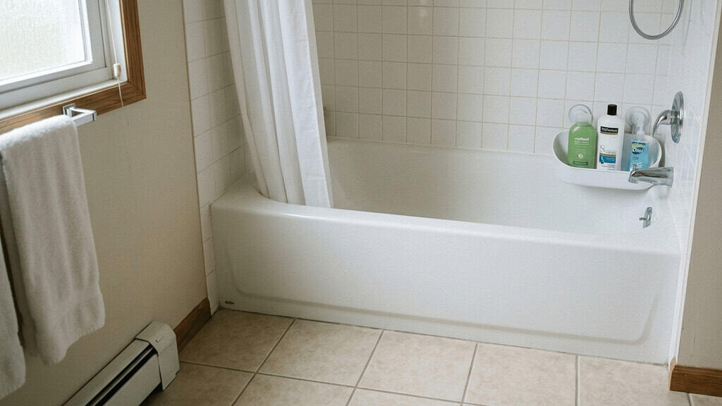 A standard white bathtub in a modest American bathroom with a clear tile floor around it and a simple caddy holding a few bottles in bright light